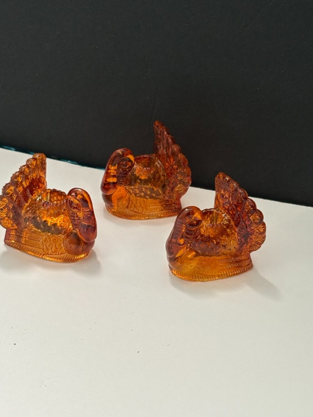Set of 3 Miniature Thanksgiving Turkey Amber Pressed Glass Candle Sticks